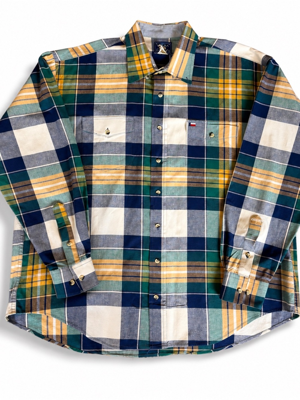 Texas Cotton Mens Vintage  Green Navy Yellow Plaid Button-Down Shirt